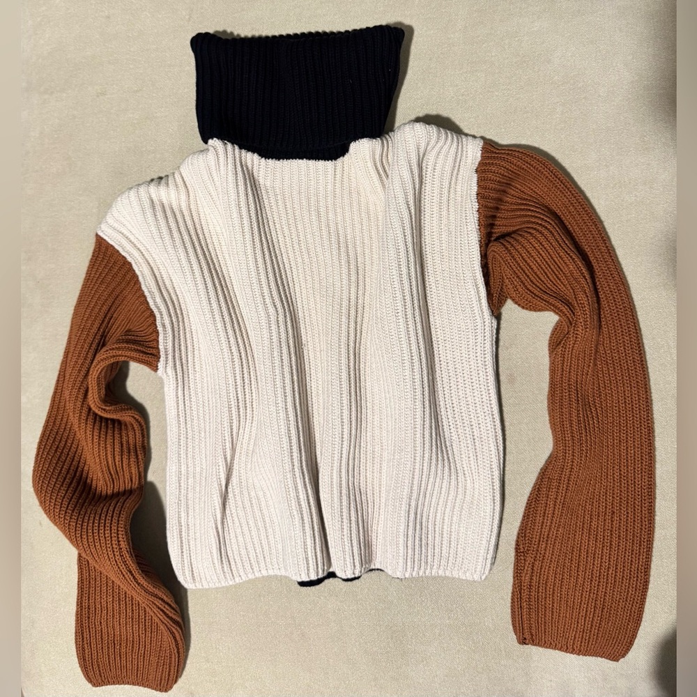 Colorblock Turtleneck Sweater - Cream and Brown
